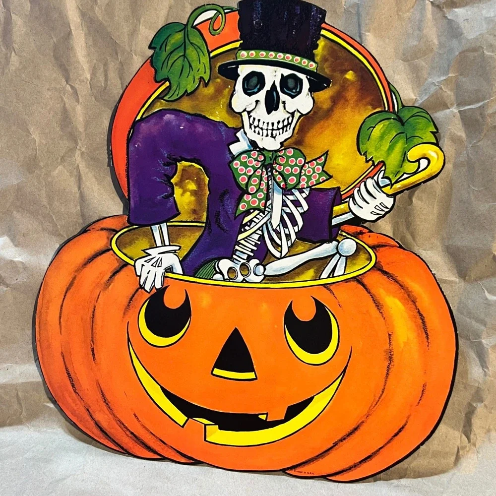 Vintage Halloween Die Cut Set 2 Skeleton in Pumpkin Orange Purple Retro Decor